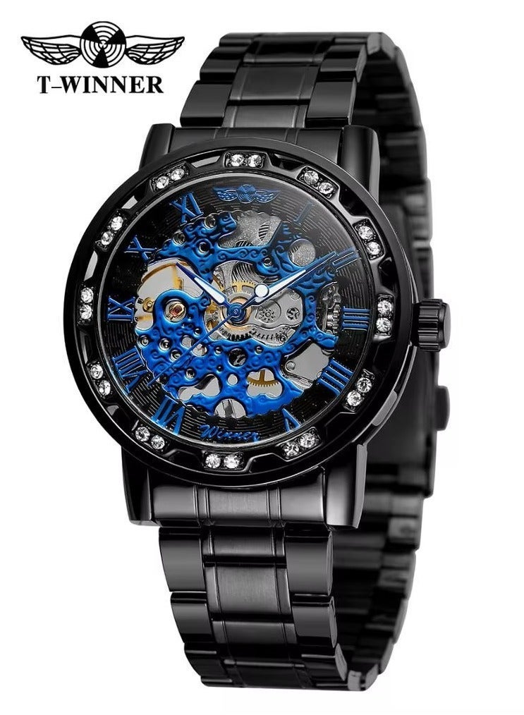 وينر ساعة يد رجالية أوتوماتيكية ميكانيكية مقاومة للماء والصدأ بسوار أسود من الستانلس ستيل - Image 3